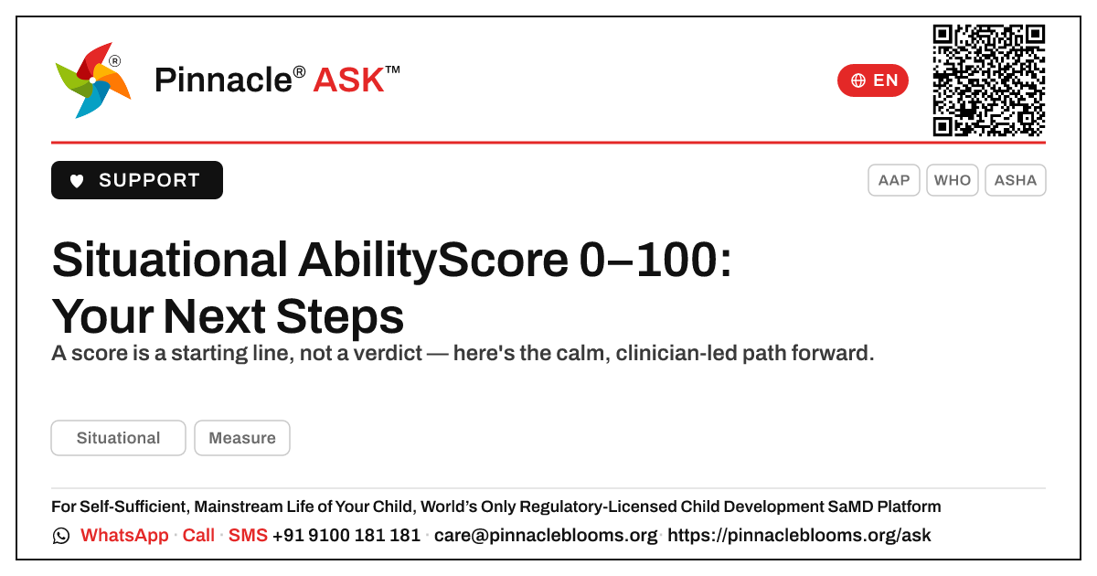 Situational AbilityScore 0–100 — What Are the Next Steps? — Pinnacle Ask answer card with a short explanation and QR link