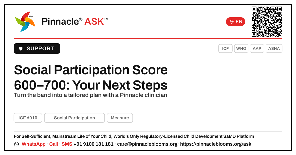 Social Participation AbilityScore 600–700 — Next Steps — Pinnacle Ask answer card with a short explanation and QR link