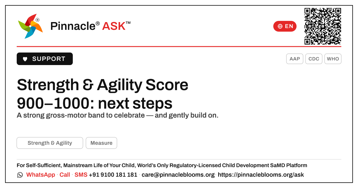 Strength & Agility AbilityScore 900–1000 — next steps — Pinnacle Ask answer card with a short explanation and QR link