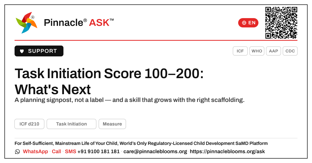 Task Initiation AbilityScore 100–200: Next Steps — Pinnacle Ask answer card with a short explanation and QR link