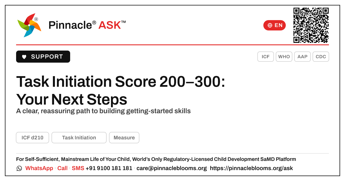 Task Initiation AbilityScore 200–300: next steps — Pinnacle Ask answer card with a short explanation and QR link