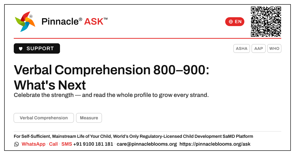 Verbal Comprehension AbilityScore 800–900 — Next Steps — Pinnacle Ask answer card with a short explanation and QR link