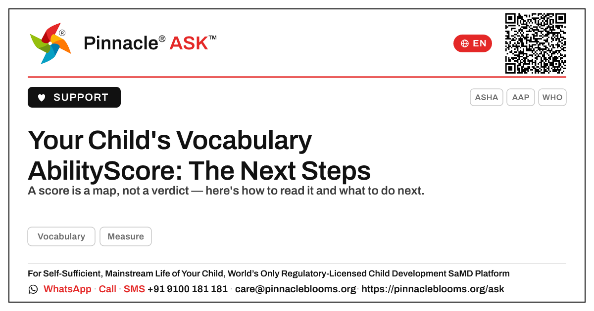 My Child's Vocabulary AbilityScore — What Are the Next Steps? — Pinnacle Ask answer card with a short explanation and QR link