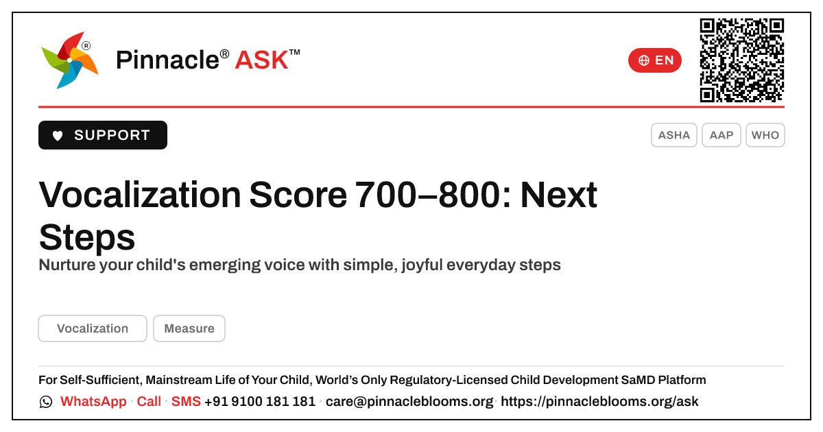 Vocalization AbilityScore 700–800 — next steps — Pinnacle Ask answer card with a short explanation and QR link