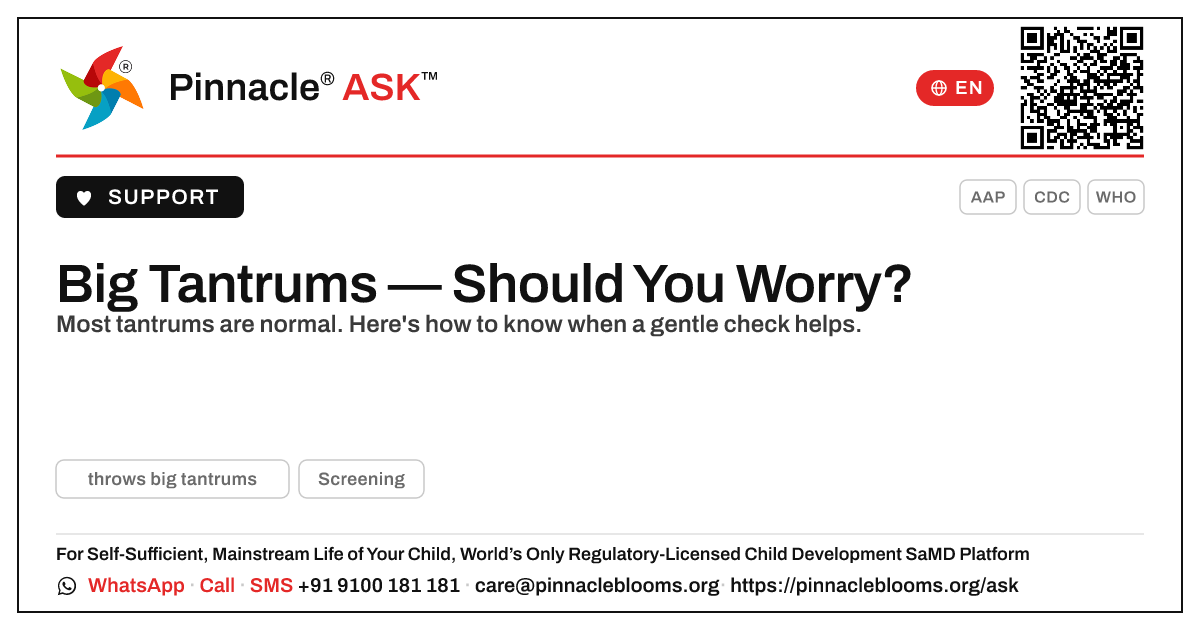 My child throws big tantrums — should I be worried? — Pinnacle Ask answer card with a short explanation and QR link