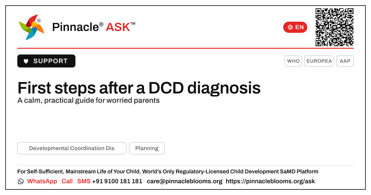 What to do first after a DCD diagnosis — Pinnacle Ask answer card with a short explanation and QR link