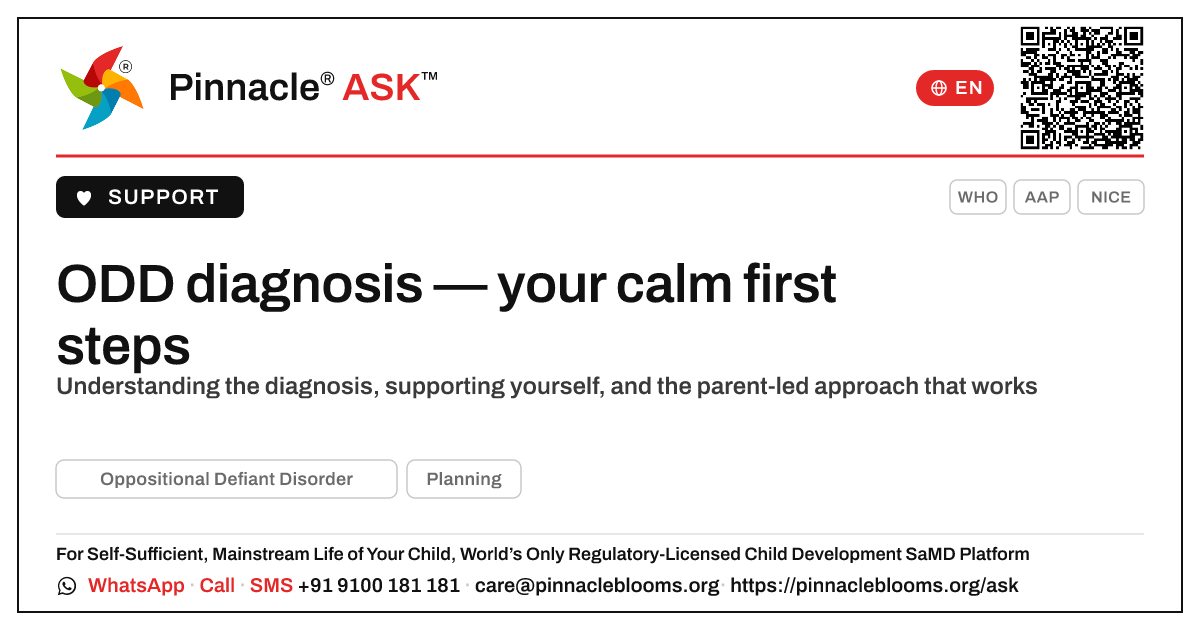 My child was just diagnosed with ODD — what to do first — Pinnacle Ask answer card with a short explanation and QR link