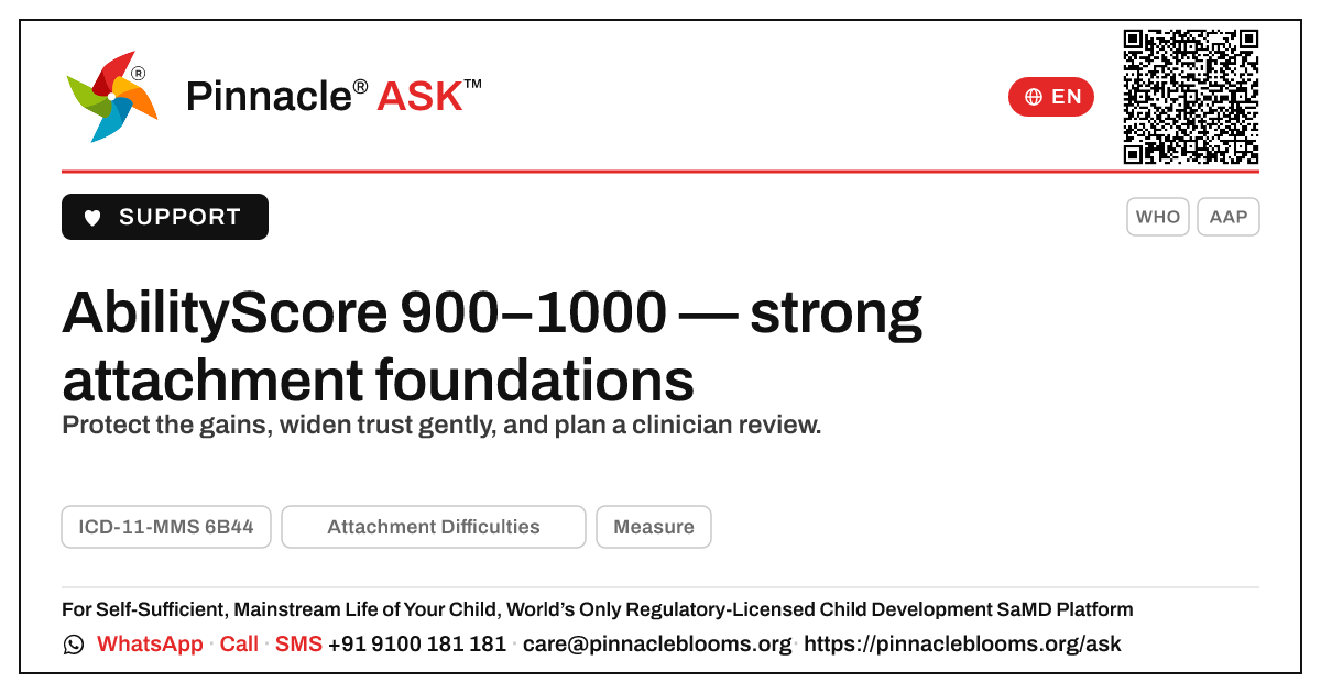 AbilityScore 900–1000 with Attachment Difficulties — next steps — Pinnacle Ask answer card with a short explanation and QR link