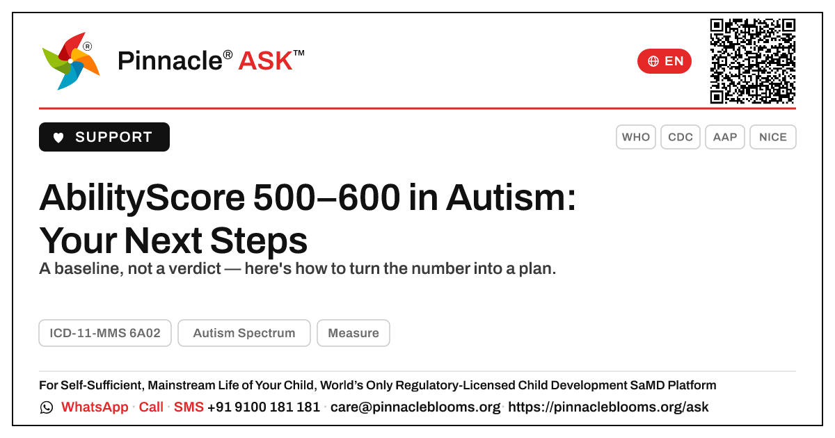 AbilityScore 500–600 in Autism: What to Do Next — Pinnacle Ask answer card with a short explanation and QR link
