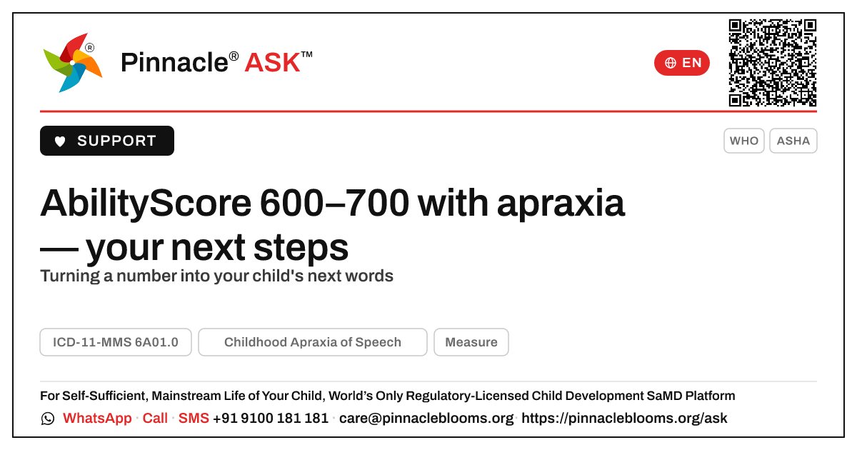 CAS with AbilityScore 600–700: your next steps — Pinnacle Ask answer card with a short explanation and QR link