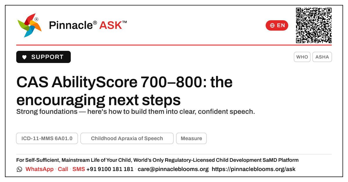 AbilityScore 700–800 in Childhood Apraxia of Speech: what next — Pinnacle Ask answer card with a short explanation and QR link