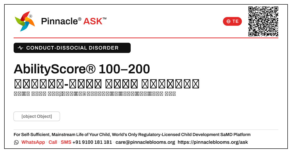 ప్రవర్తనా-అసాంఘిక రుగ్మత & AbilityScore® 100–200 — తదుపరి చర్యలు — Pinnacle Ask answer card with a short explanation and QR link