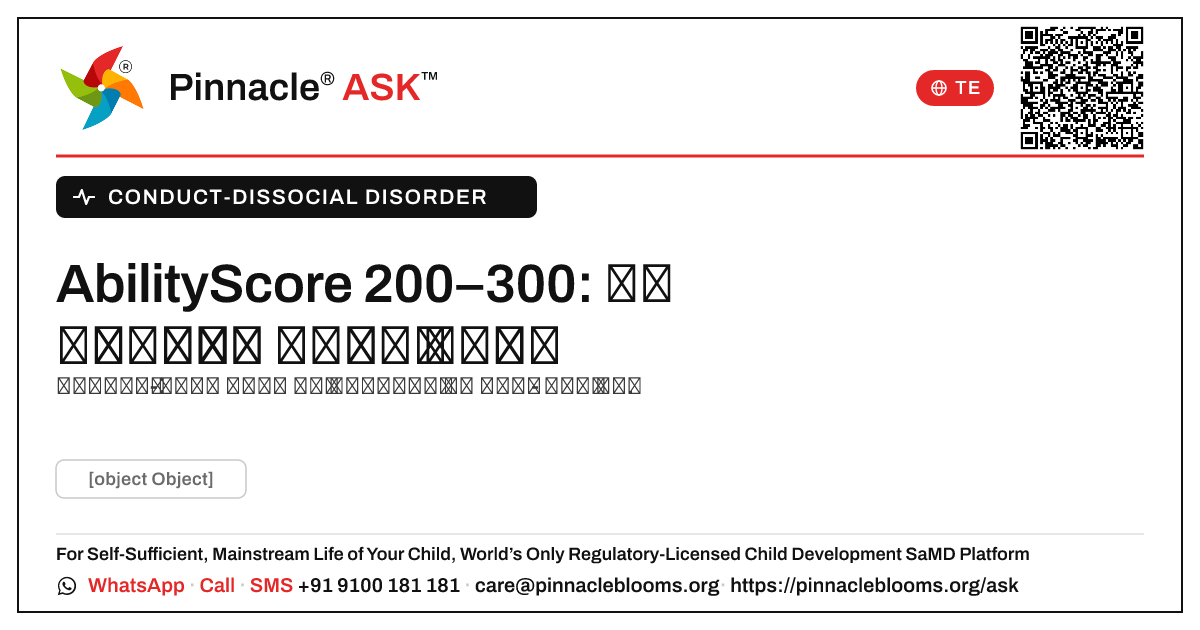"032" 200–300 ప్రవర్తన-సామాజిక సంబంధిత సమస్యతో: తరువాత ఏమి చేయాలి? — Pinnacle Ask answer card with a short explanation and QR link