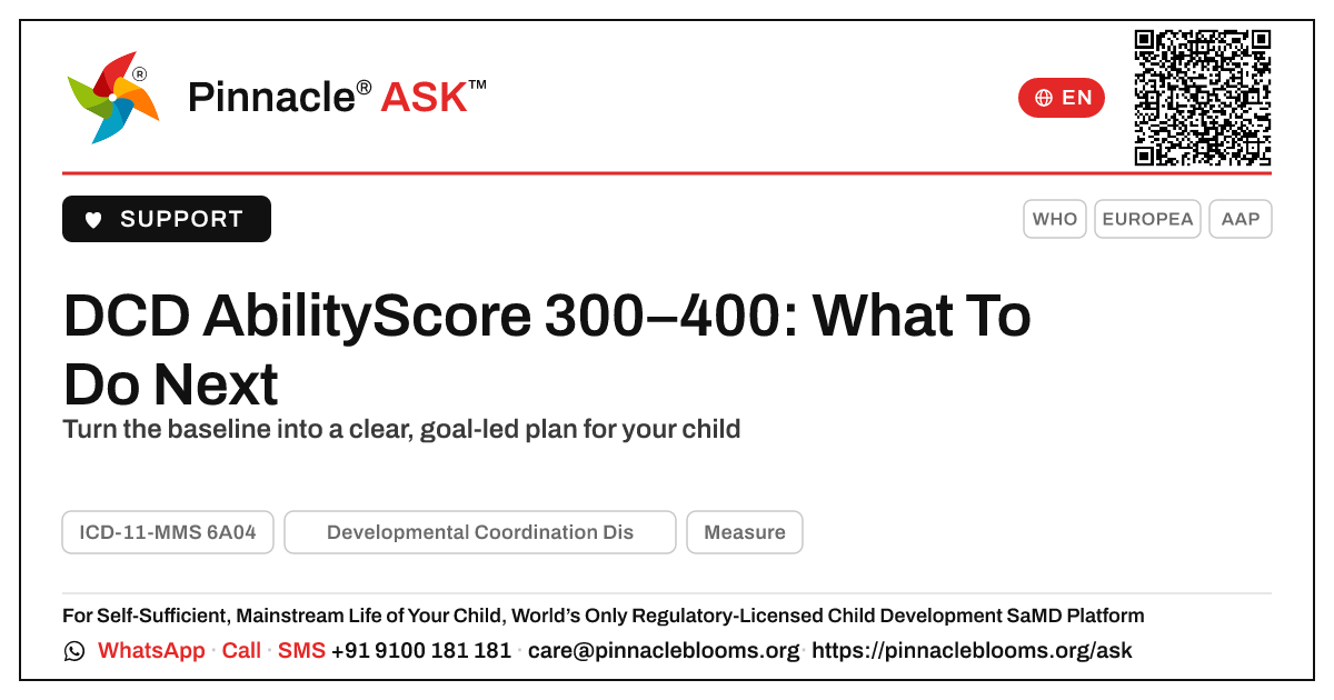 AbilityScore 300–400 in DCD: What To Do Next — Pinnacle Ask answer card with a short explanation and QR link