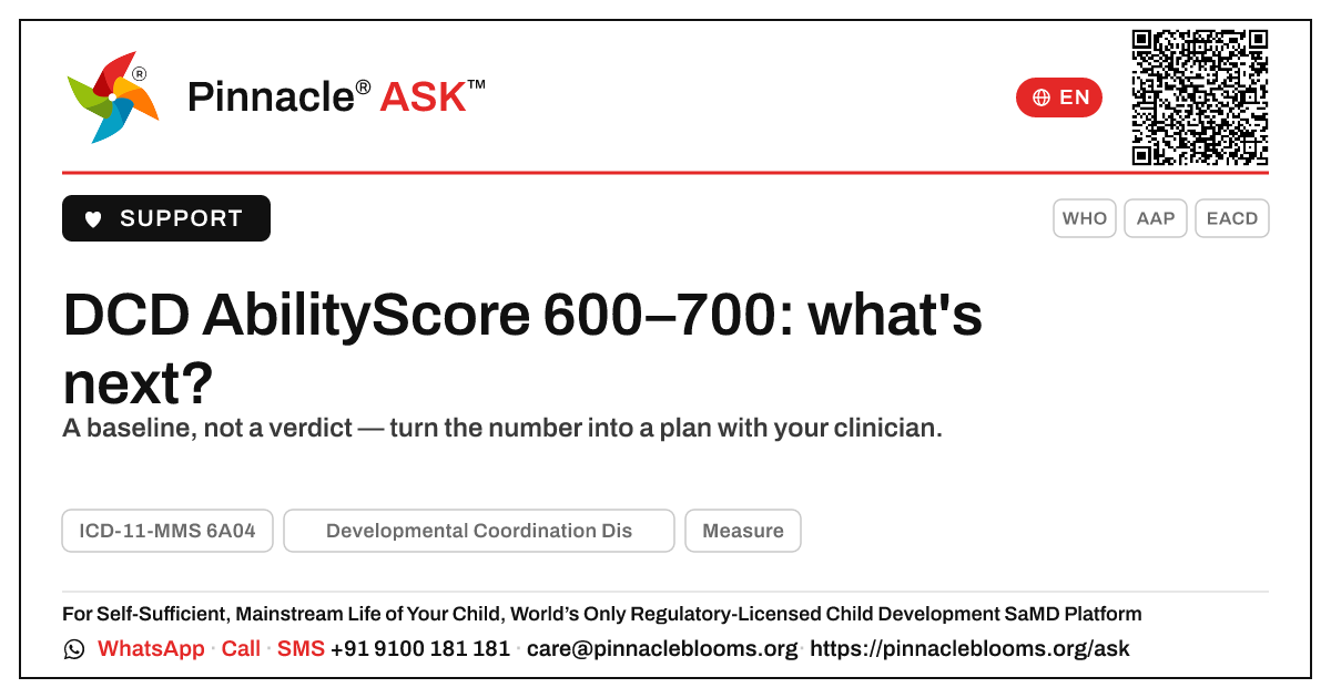 DCD with an AbilityScore of 600–700: what to do next — Pinnacle Ask answer card with a short explanation and QR link