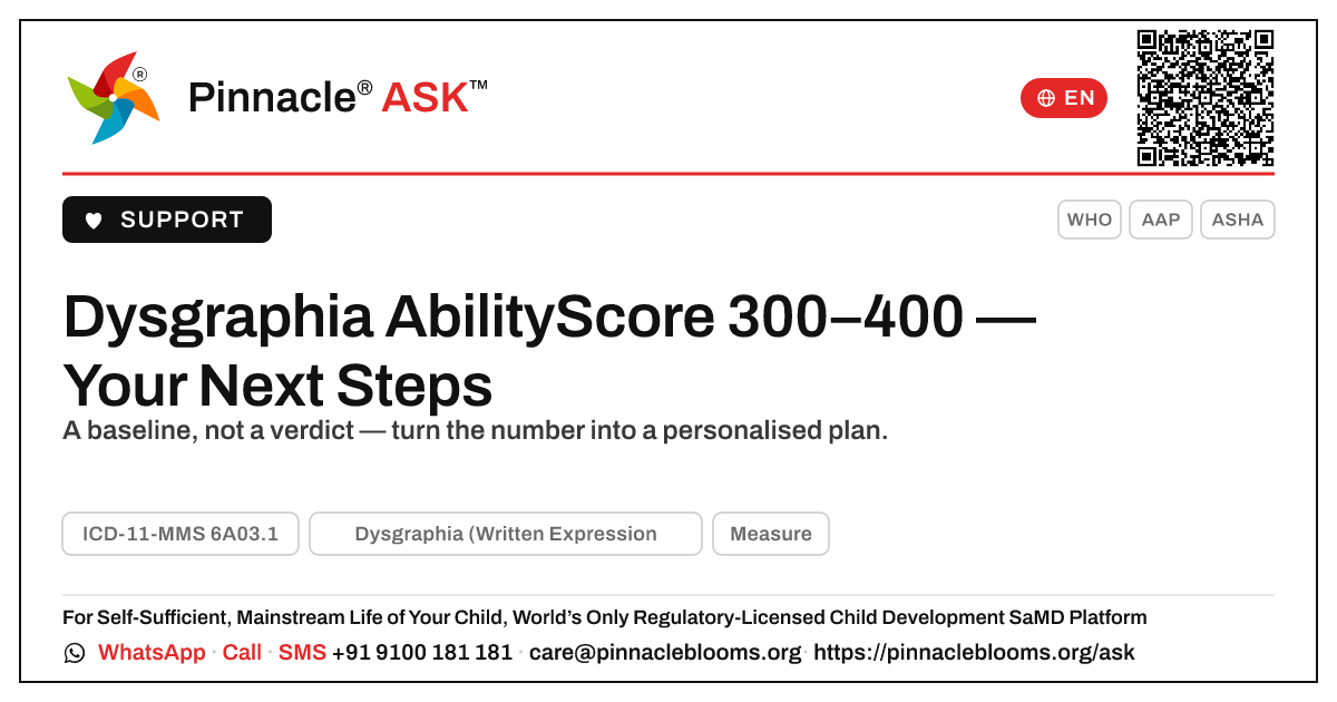 AbilityScore 300–400 for Dysgraphia: What to Do Next — Pinnacle Ask answer card with a short explanation and QR link