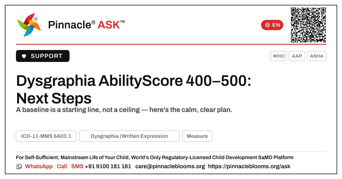 Dysgraphia AbilityScore 400–500 — What to Do Next — Pinnacle Ask answer card with a short explanation and QR link