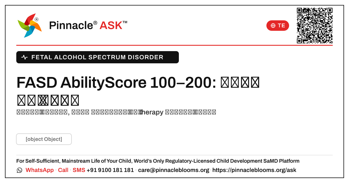 AbilityScore 100–200 నంబర్తో FASD: మీ తదుపరి అడుగు — Pinnacle Ask answer card with a short explanation and QR link