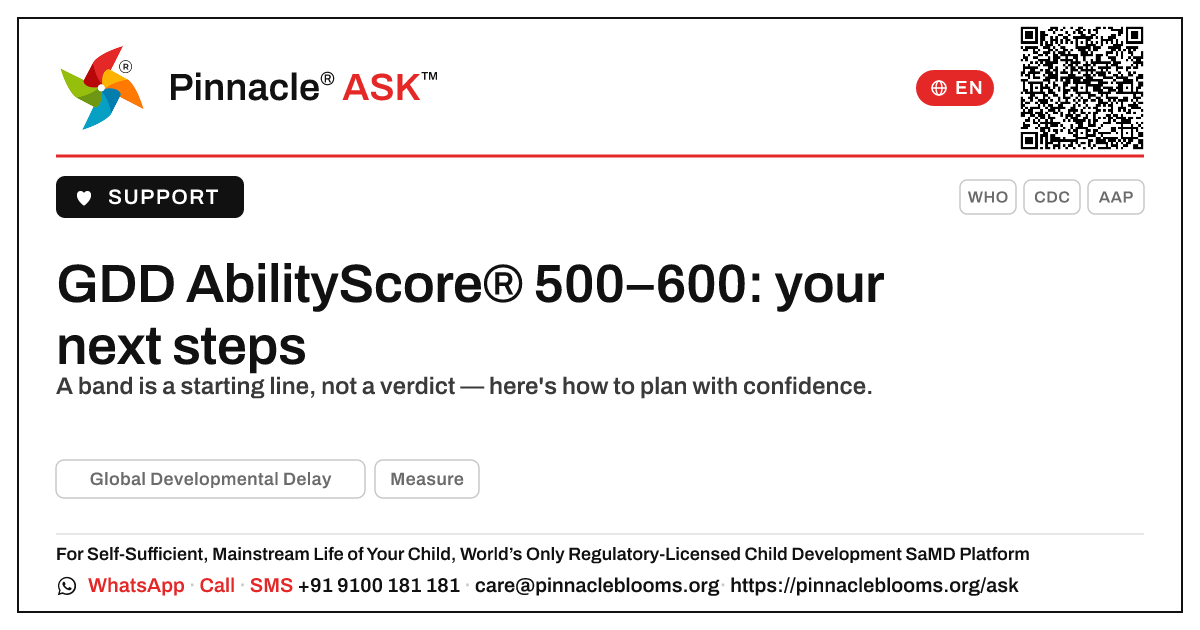 AbilityScore® 500–600 in Global Developmental Delay: next steps — Pinnacle Ask answer card with a short explanation and QR link