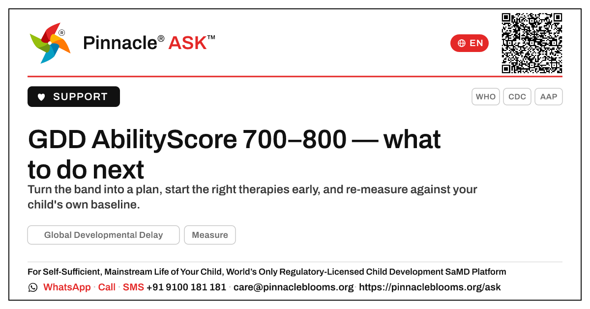 AbilityScore 700–800 with GDD: your next steps — Pinnacle Ask answer card with a short explanation and QR link