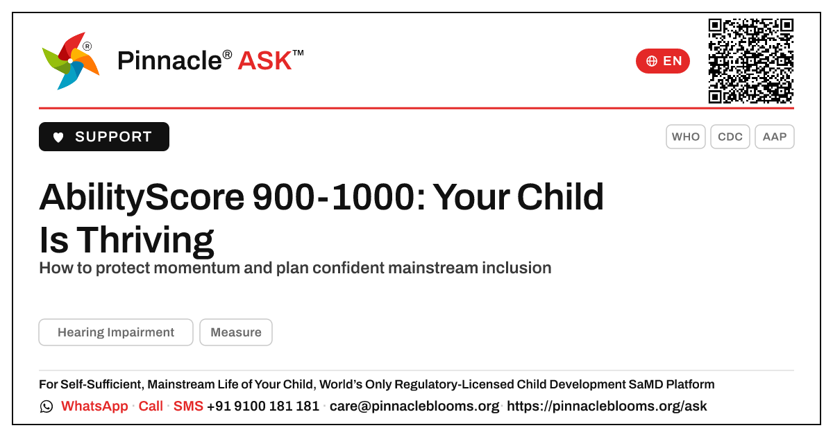 AbilityScore 900-1000 with Hearing Impairment — Pinnacle Ask answer card with a short explanation and QR link