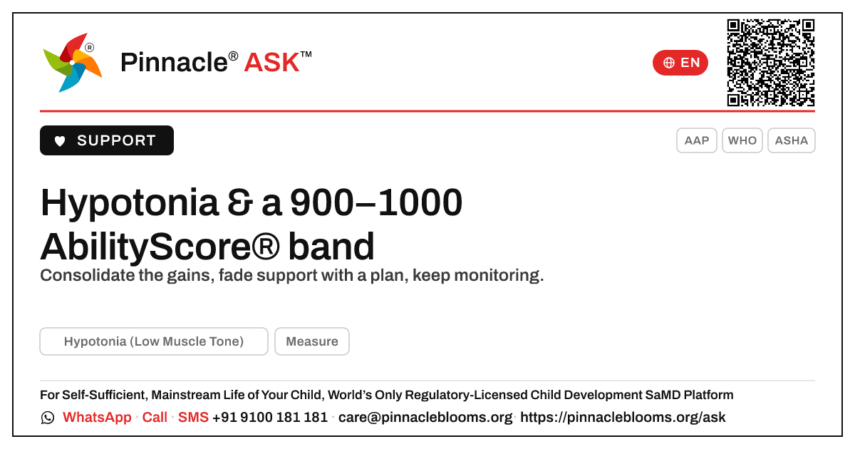 Hypotonia & a 900–1000 AbilityScore®: what to do next — Pinnacle Ask answer card with a short explanation and QR link