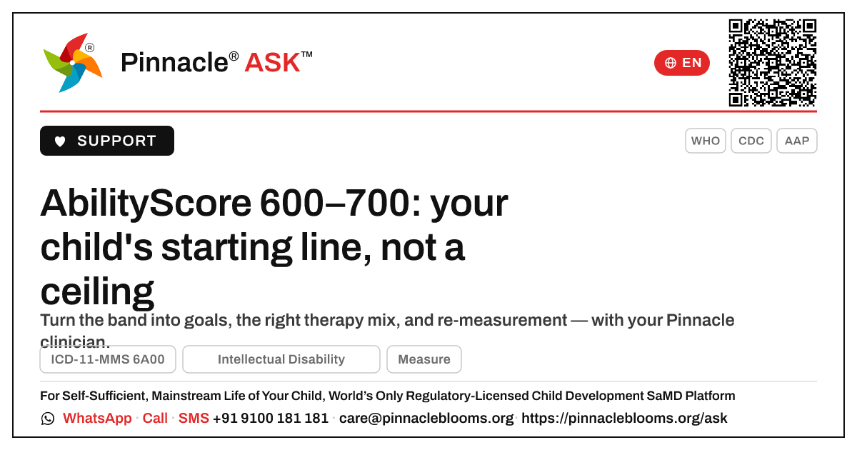 AbilityScore 600–700 with Intellectual Disability — next steps — Pinnacle Ask answer card with a short explanation and QR link
