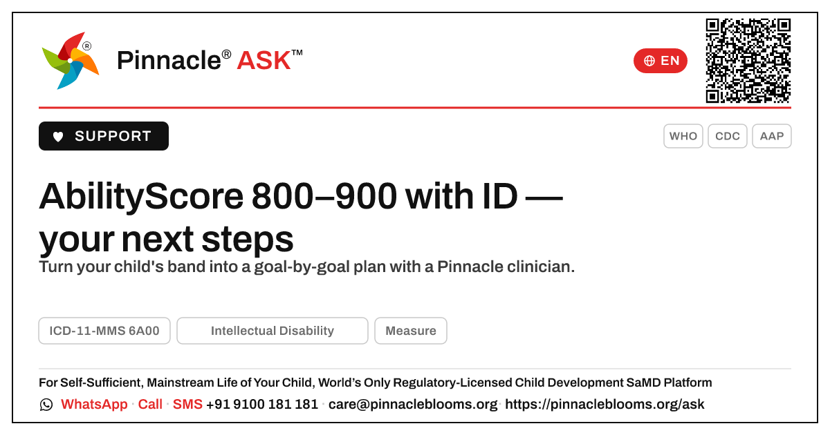 AbilityScore 800–900 with Intellectual Disability — next steps — Pinnacle Ask answer card with a short explanation and QR link