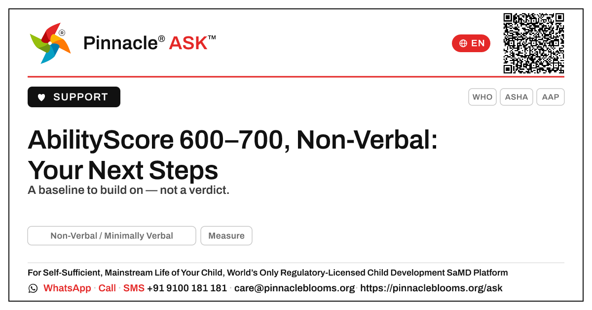 AbilityScore 600–700 with a Non-Verbal Presentation: What to Do Next — Pinnacle Ask answer card with a short explanation and QR link