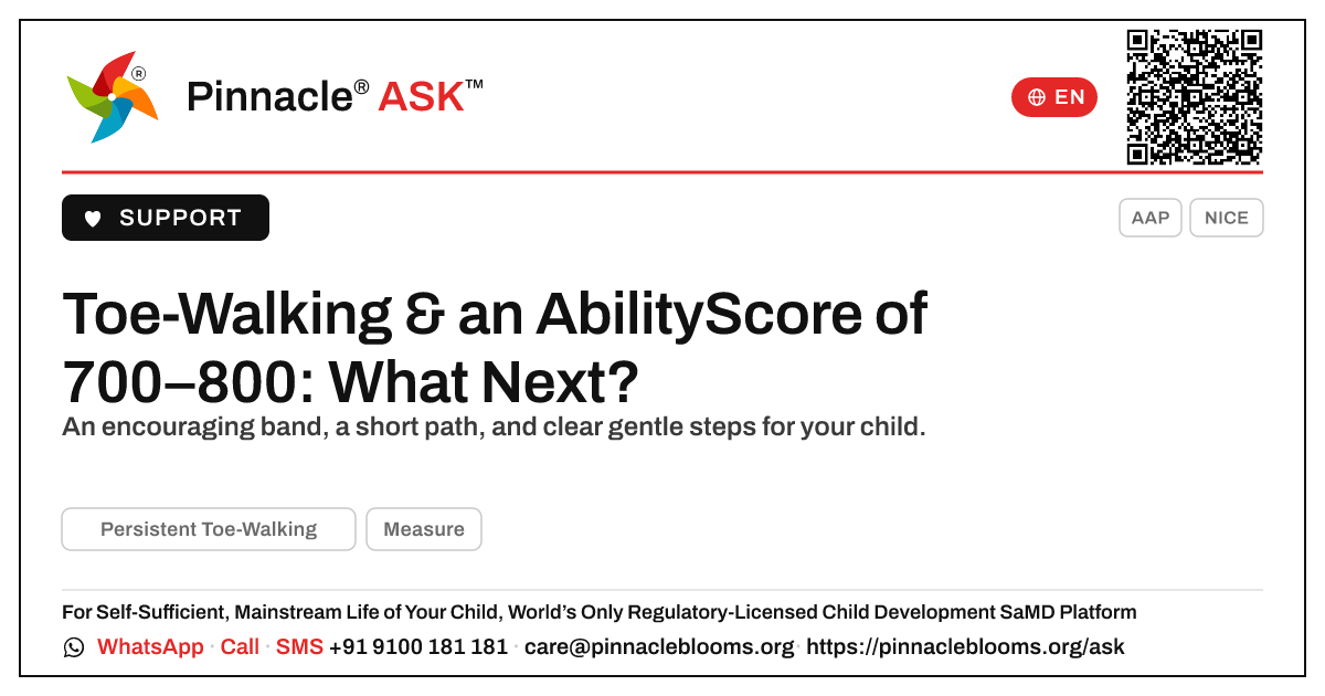 Persistent Toe-Walking with an AbilityScore of 700–800 — Pinnacle Ask answer card with a short explanation and QR link