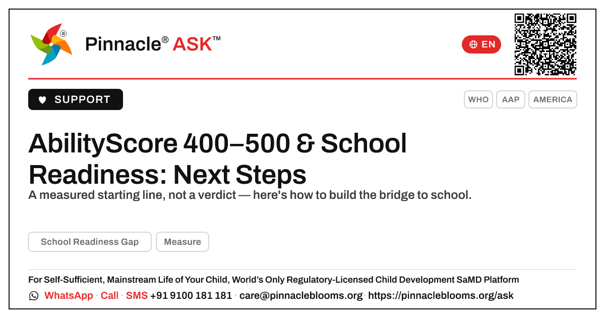School Readiness Gap with an AbilityScore of 400–500: what to do next — Pinnacle Ask answer card with a short explanation and QR link