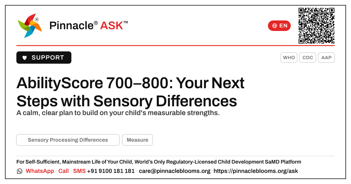 AbilityScore 700–800 for Sensory Processing Differences — Pinnacle Ask answer card with a short explanation and QR link