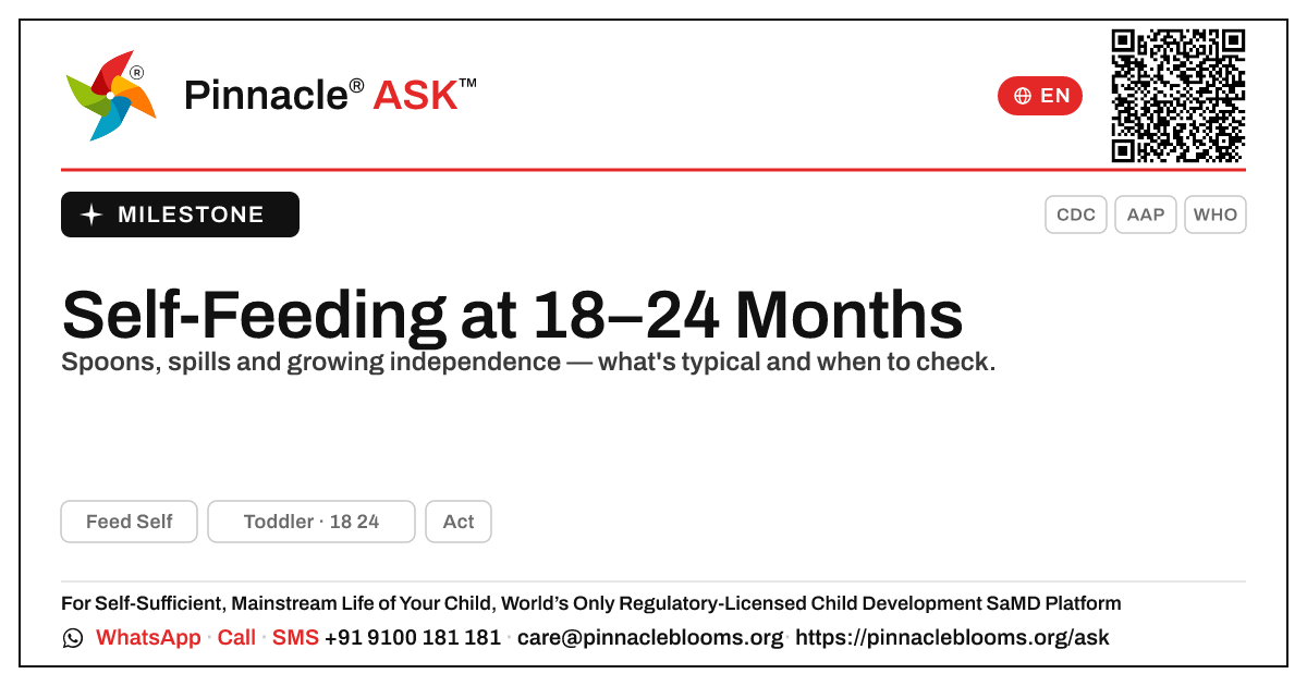 Should an 18-to-24-month-old feed themselves? — Pinnacle Ask answer card with a short explanation and QR link