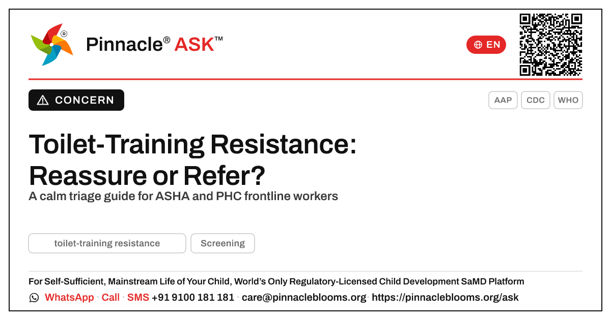 Toilet-Training Resistance — A Frontline Referral Decision — Pinnacle Ask answer card with a short explanation and QR link