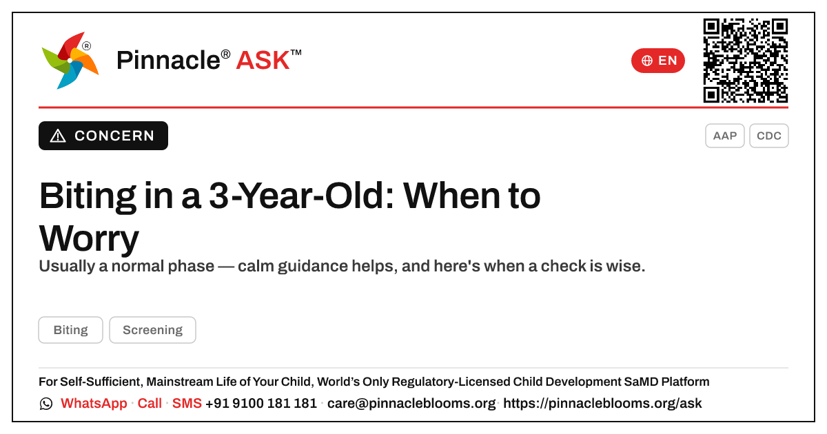 Should I worry about biting in a 3-year-old? — Pinnacle Ask answer card with a short explanation and QR link