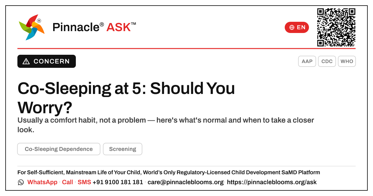 Co-Sleeping Dependence at 5: Should You Worry? — Pinnacle Ask answer card with a short explanation and QR link