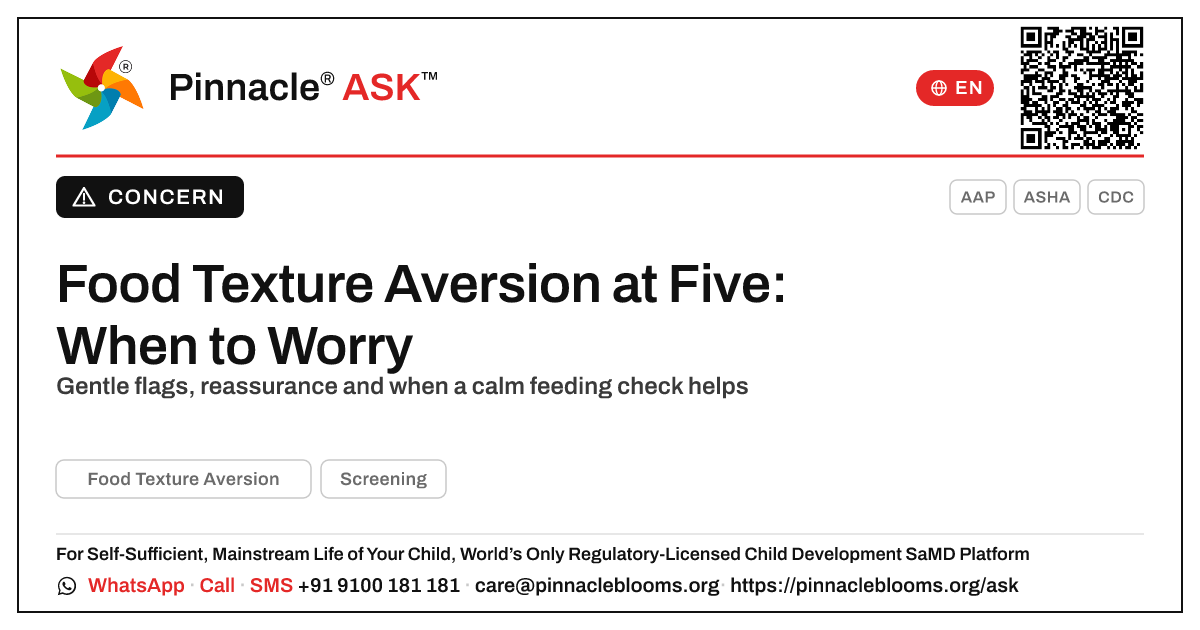 Food Texture Aversion in a 5-Year-Old — Pinnacle Ask answer card with a short explanation and QR link