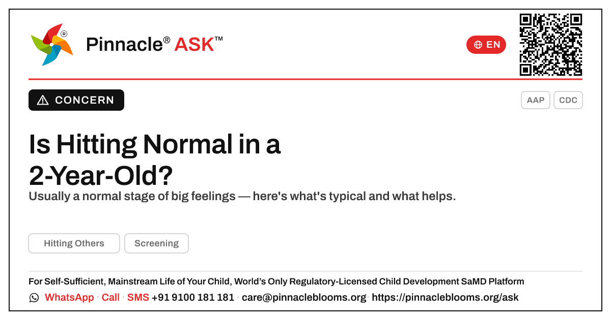 Should I worry about hitting others in a 2-year-old? — Pinnacle Ask answer card with a short explanation and QR link