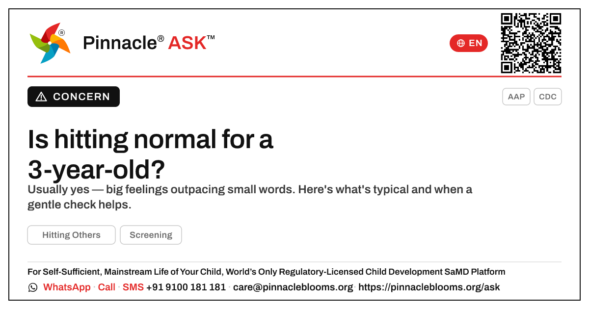 Should I worry about a 3-year-old hitting others? — Pinnacle Ask answer card with a short explanation and QR link