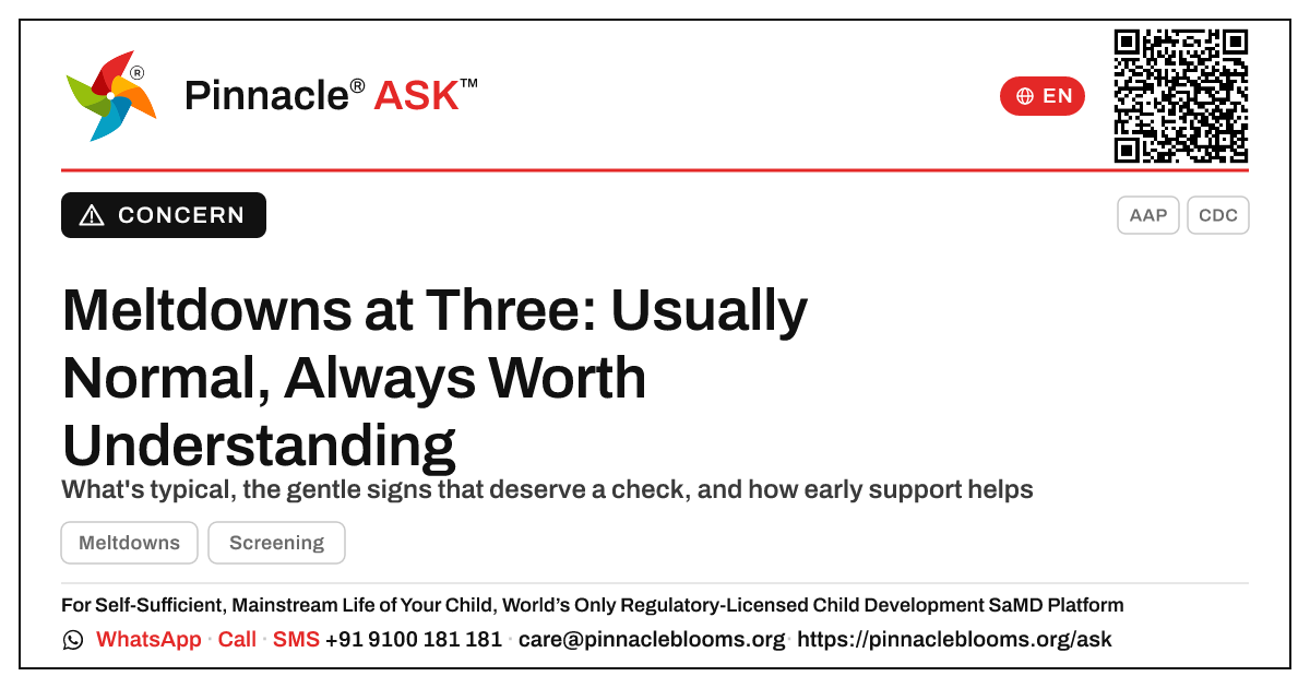 Should I worry about meltdowns in a 3-year-old? — Pinnacle Ask answer card with a short explanation and QR link