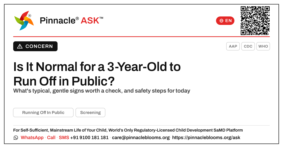 Should I worry about running off in public in a 3-year-old? — Pinnacle Ask answer card with a short explanation and QR link