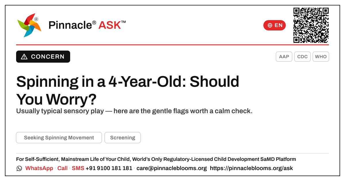 Seeking Spinning Movement at Four — Pinnacle Ask answer card with a short explanation and QR link