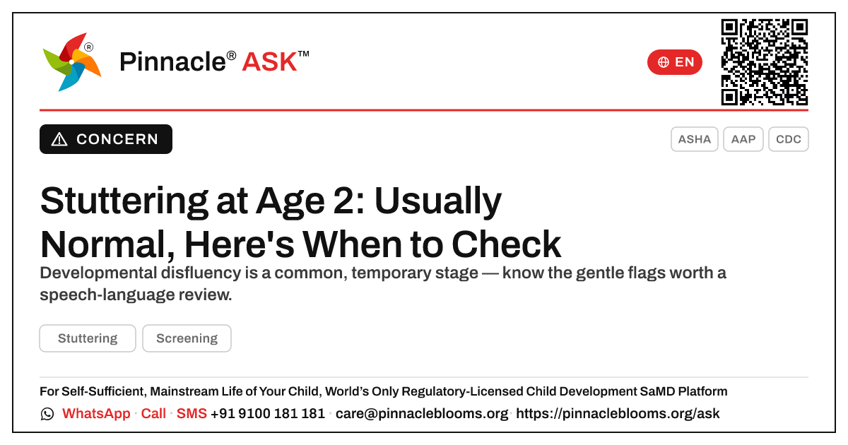 Should I worry about stuttering in a 2-year-old? — Pinnacle Ask answer card with a short explanation and QR link