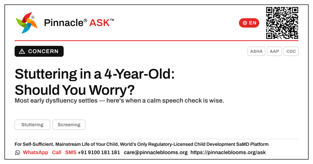 Should I worry about stuttering in a 4-year-old? — Pinnacle Ask answer card with a short explanation and QR link