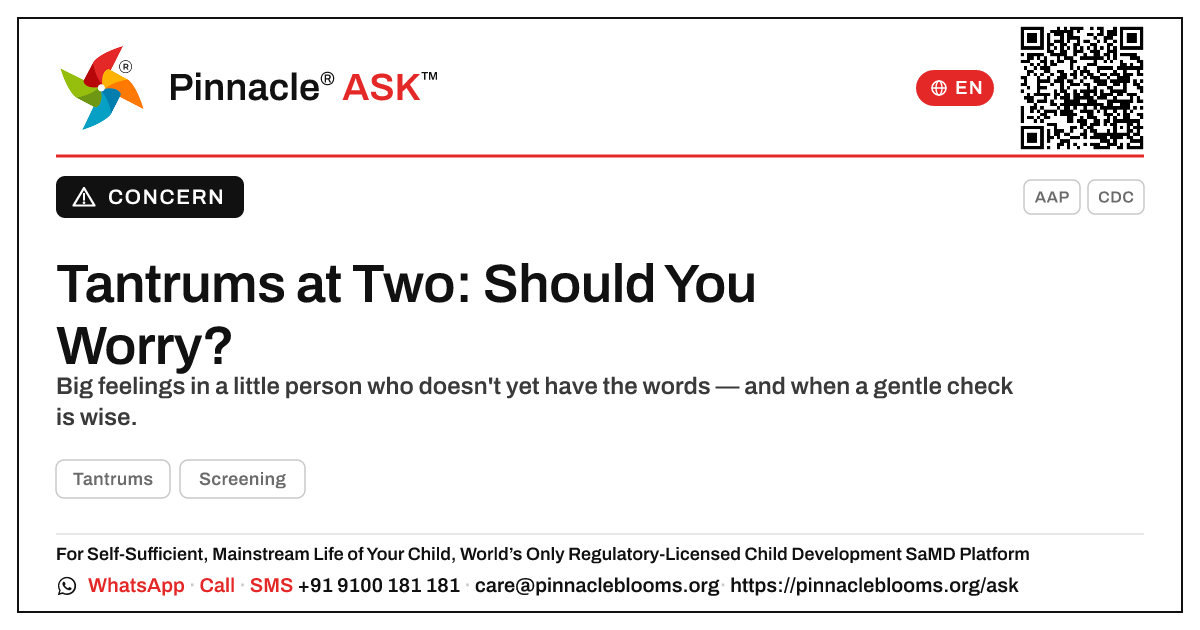 Should I worry about tantrums in a 2-year-old? — Pinnacle Ask answer card with a short explanation and QR link