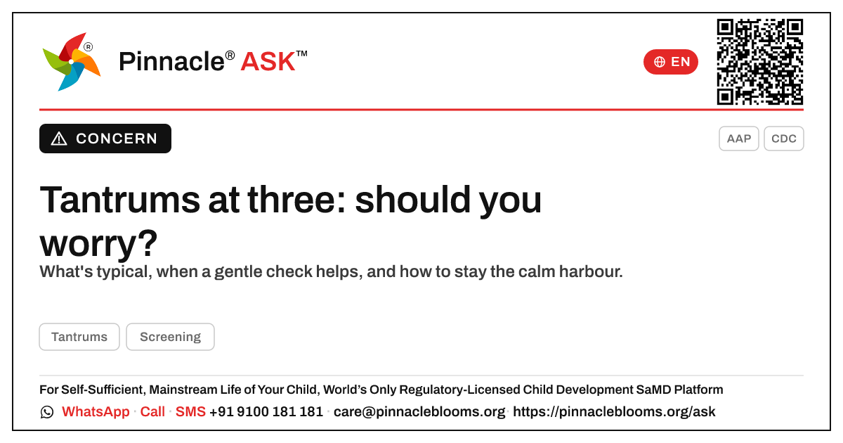 Should I worry about tantrums in a 3-year-old? — Pinnacle Ask answer card with a short explanation and QR link