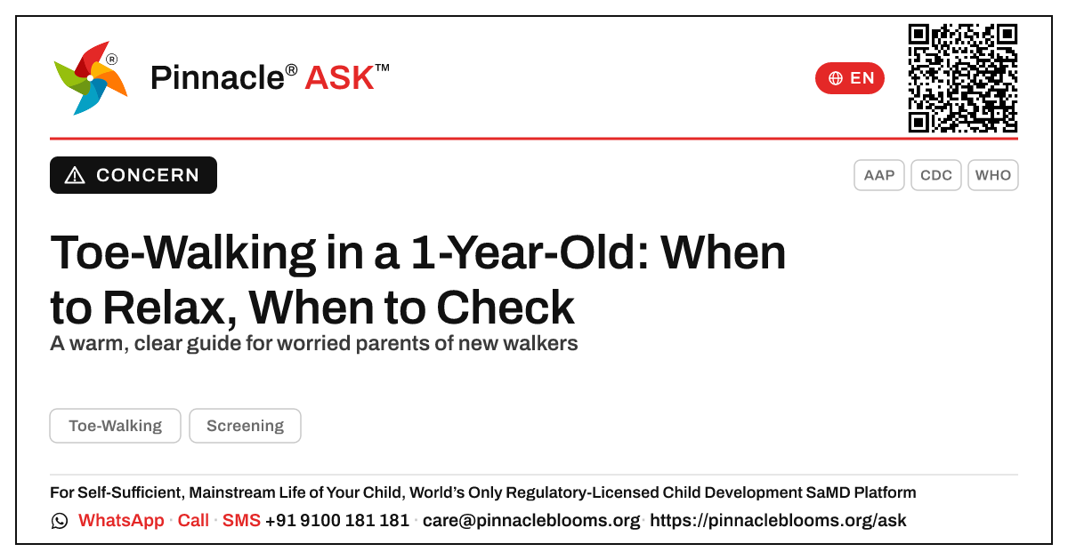 Should I worry about toe-walking in a 1-year-old? — Pinnacle Ask answer card with a short explanation and QR link