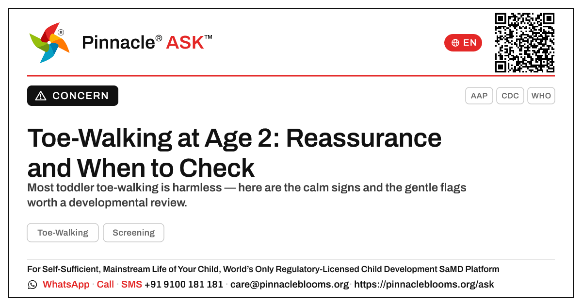 Should I worry about toe-walking in a 2-year-old? — Pinnacle Ask answer card with a short explanation and QR link