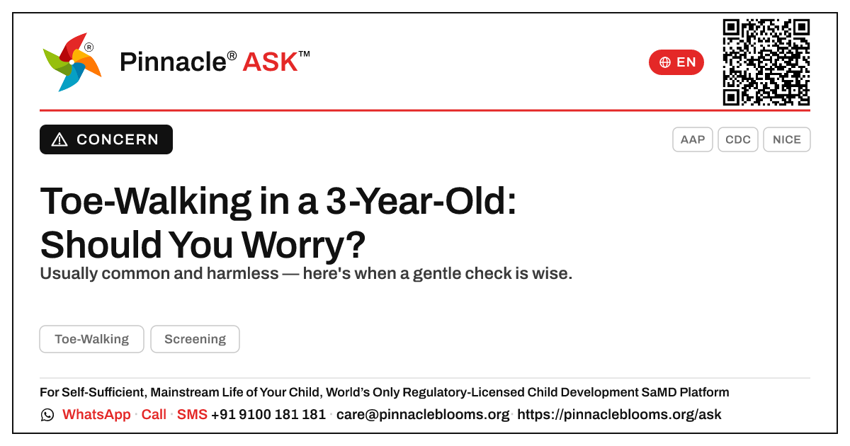 Toe-Walking in a 3-Year-Old — Pinnacle Ask answer card with a short explanation and QR link