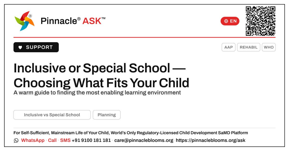 Inclusive vs Special School — Pinnacle Ask answer card with a short explanation and QR link